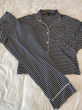 J Crew Dreamy Pajama Set XL Navy White Stripes Long Sleeve Cotton Blend Knit
